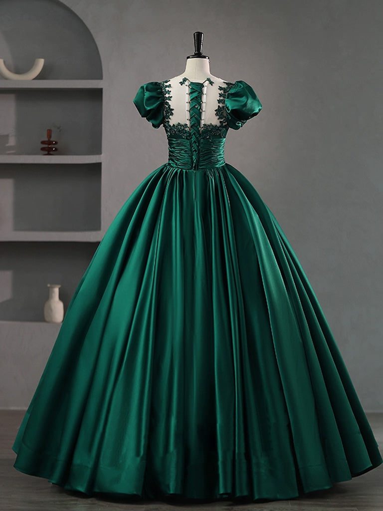 A-Line Scoop Neckline Green Lace Long Prom Dress, Green Lace Formal Dress