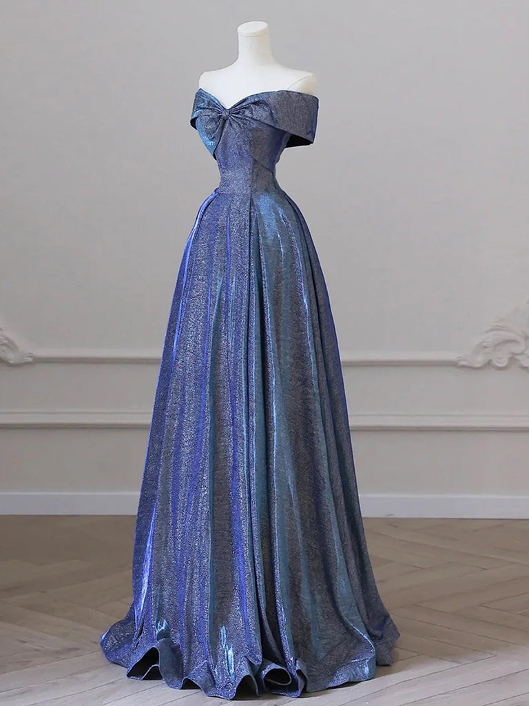 A-Line Satin Blue Long Prom Dress, Blue Long Formal Dress