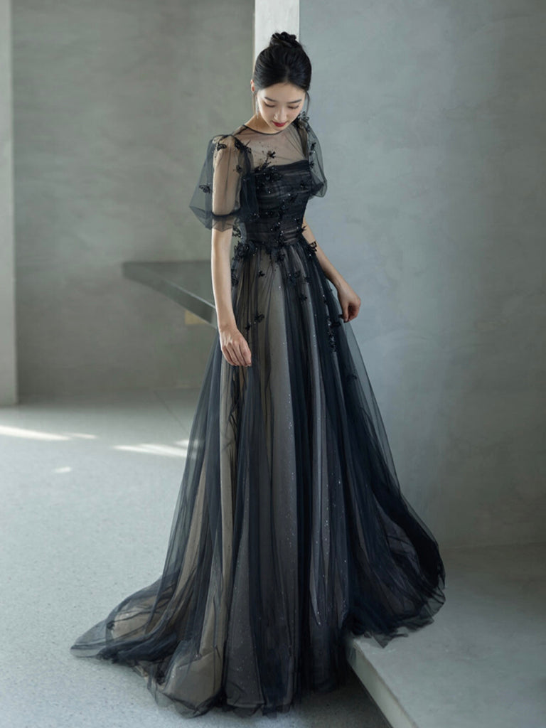 A-Line Tulle Lace Black Long Prom Dress, Black Long Evening Dress 24prom A-Line Tulle Lace Black Long Prom Dress, Black Long Evening Dress 24prom