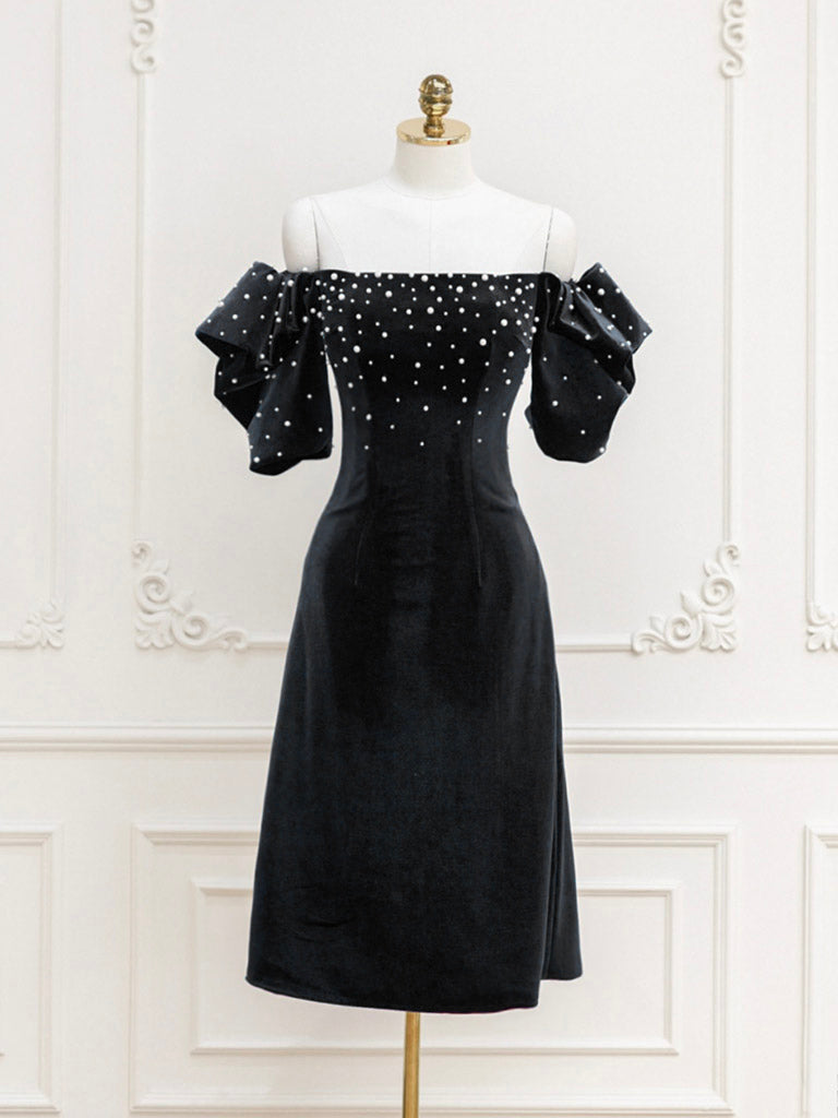 Black Velvet Short Prom Dress, Black Evening Dress