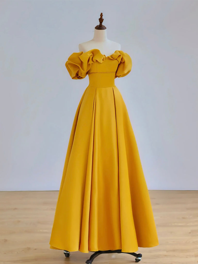 Yellow A-Line Off Shoulder Satin Long Prom Dress, Yellow Formal Dress