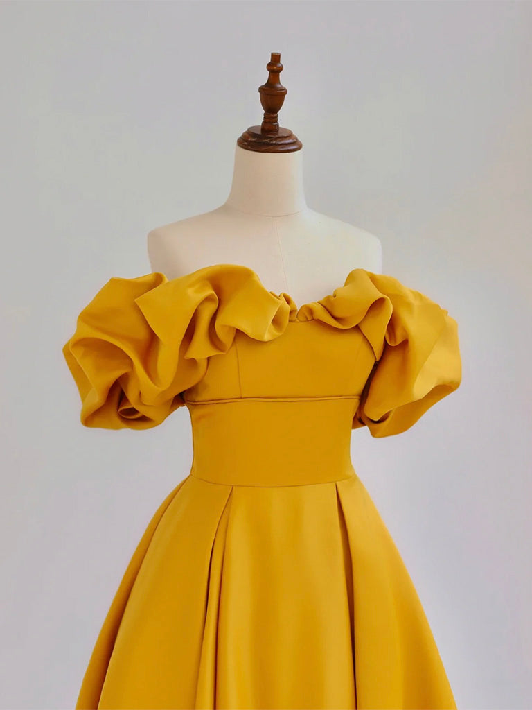 Yellow A-Line Off Shoulder Satin Long Prom Dress, Yellow Formal Dress