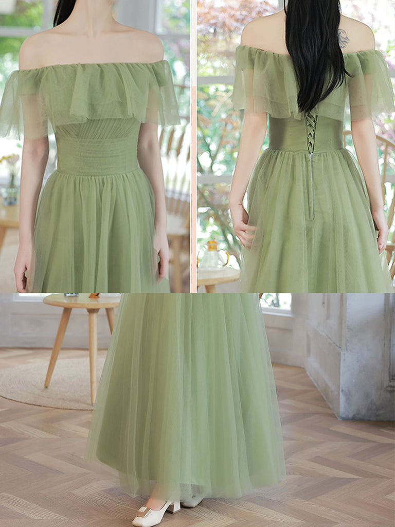 A-Line Tulle Green Long Prom Dress, Green Formal Bridesmaid Dress