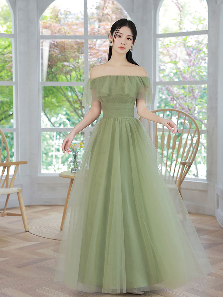 A-Line Tulle Green Long Prom Dress, Green Formal Bridesmaid Dress