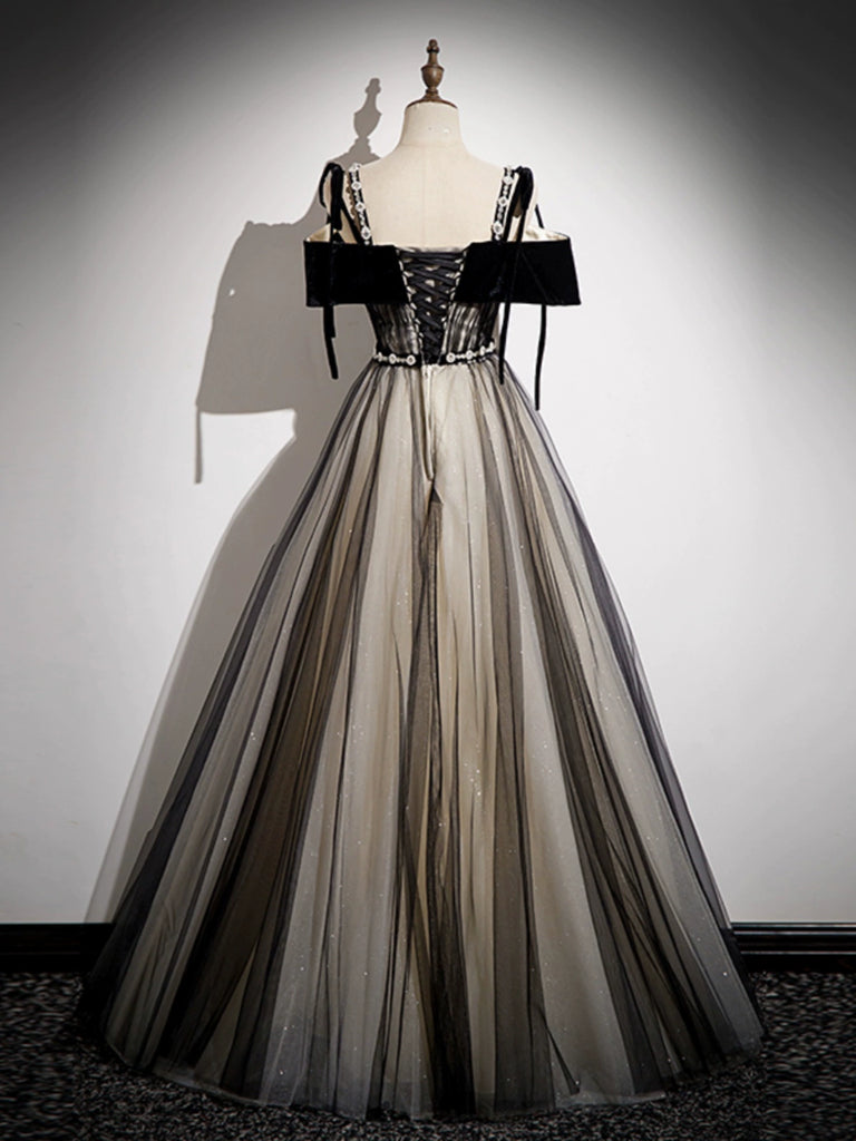 A-Line Off Shoulder Tulle Black Long Prom Dress, Black Formal Dress