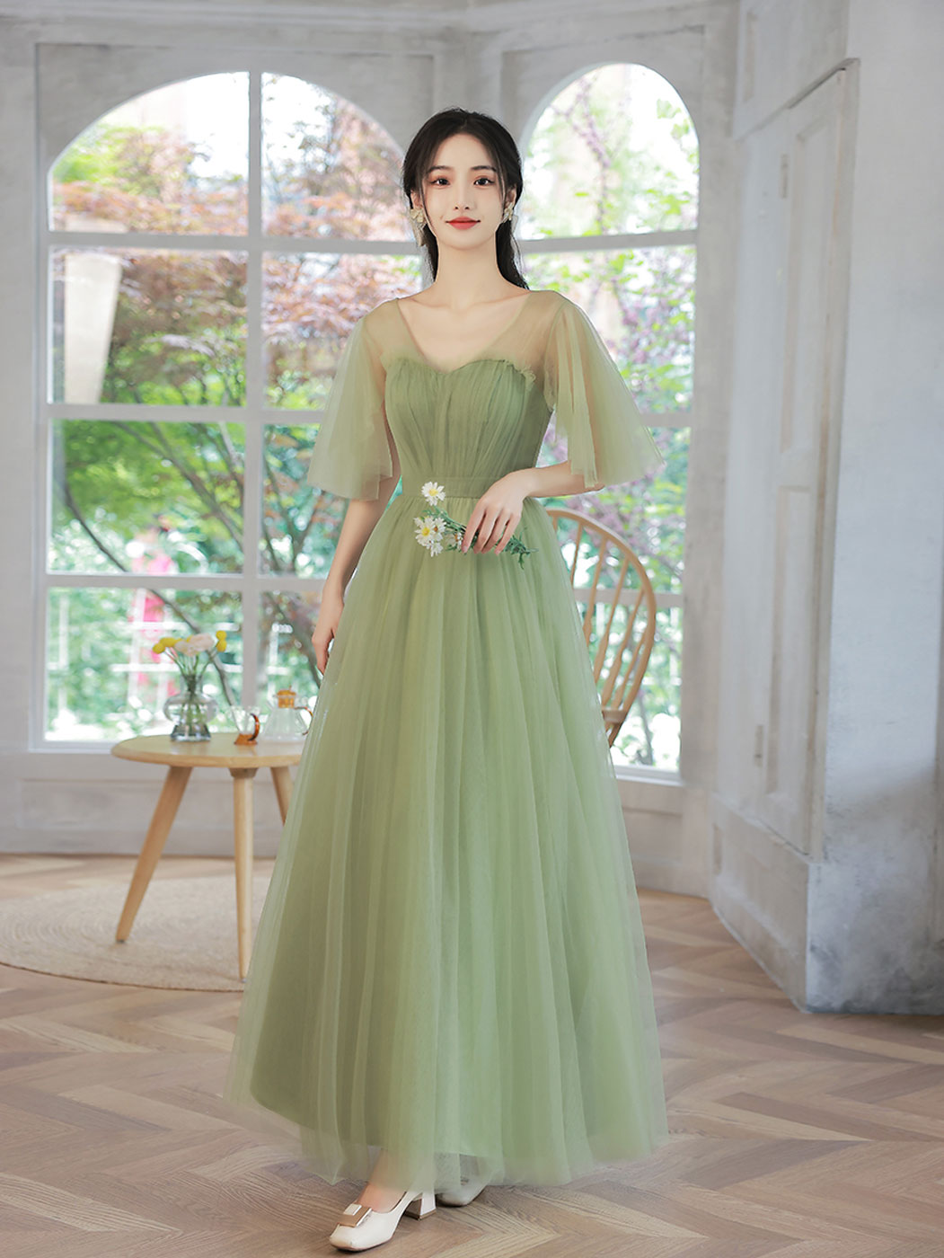 green tulle bridesmaid dress A-Line Tulle Green Long Prom Dress, Green Formal Bridesmaid Dress – 24prom