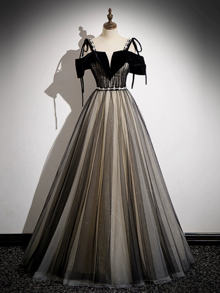 A-Line Off Shoulder Tulle Black Long Prom Dress, Black Formal Dress 24prom A-Line Off Shoulder Tulle Black Long Prom Dress, Black Formal Dress 24prom