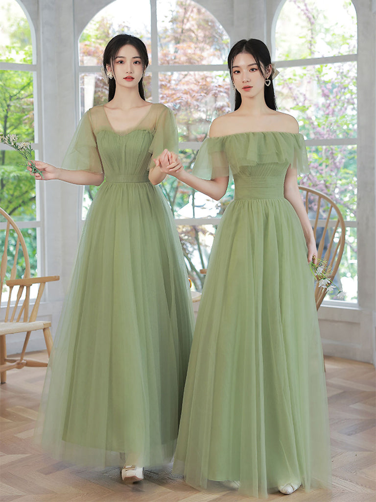 A-Line Tulle Green Long Prom Dress, Green Formal Bridesmaid Dress