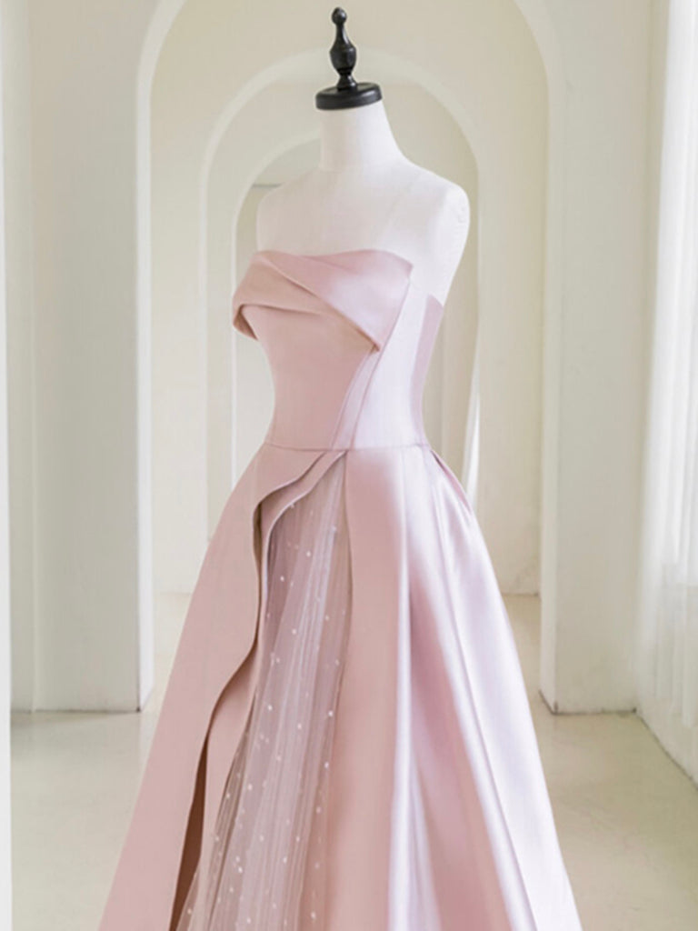 A-Line Satin Tulle Pink Long Prom Dress, Pink Long Evening Dress  24prom