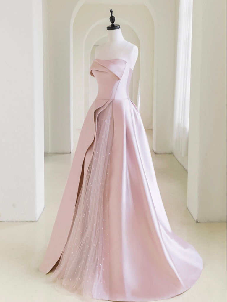 knee length dresses for ladies A-Line Satin Tulle Pink Long Prom Dress, Pink Long Evening Dress – 24prom