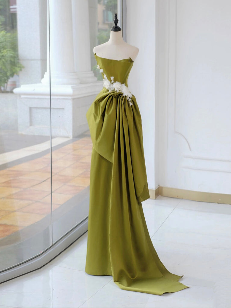 A-Line Satin Flower Green Long Prom Dress, Green Long Evening Dress