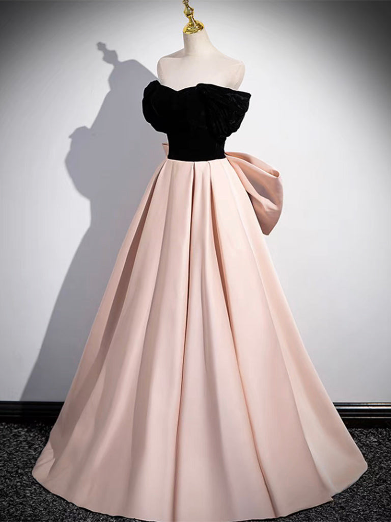 A-Line Off Shoulder Satin Champagne/Black Long Prom Dress, Champagne/Black Long Evening Dress