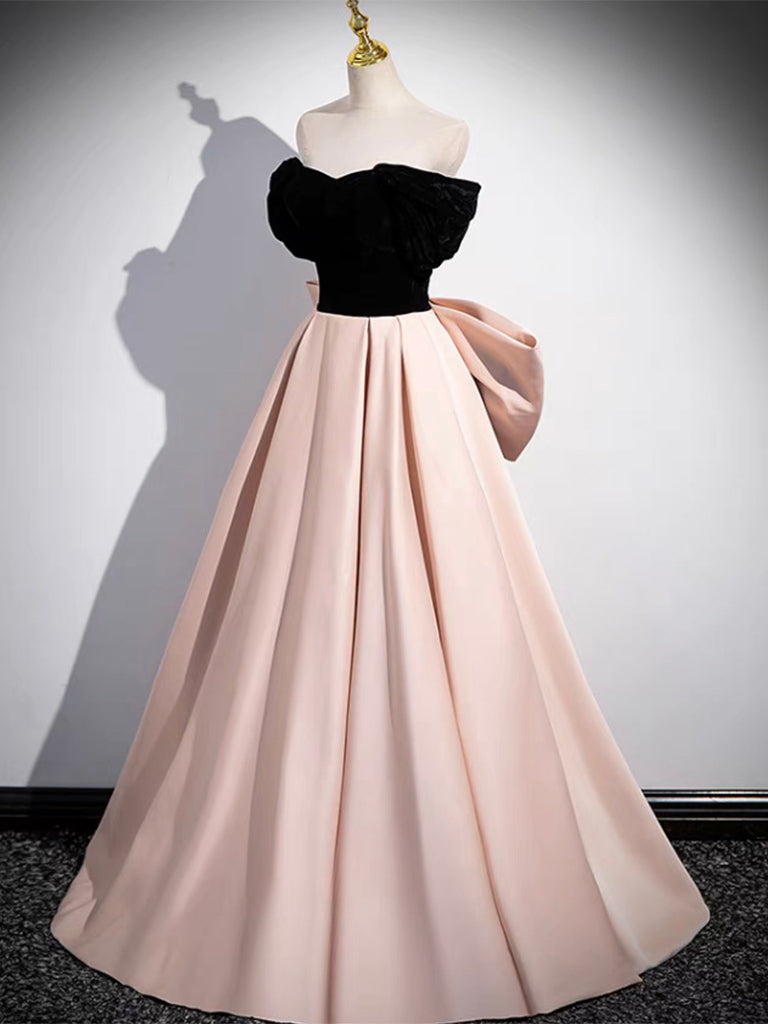 A-Line Off Shoulder Satin Champagne/Black Long Prom Dress, Champagne/Black Long Evening Dress