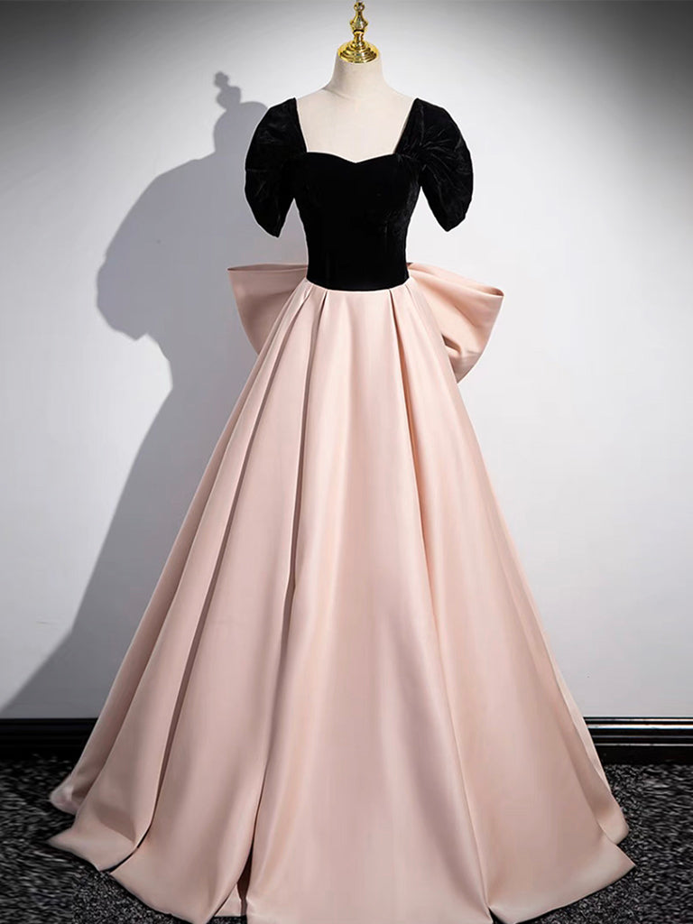 A-Line Off Shoulder Satin Champagne/Black Long Prom Dress, Champagne/Black Long Evening Dress