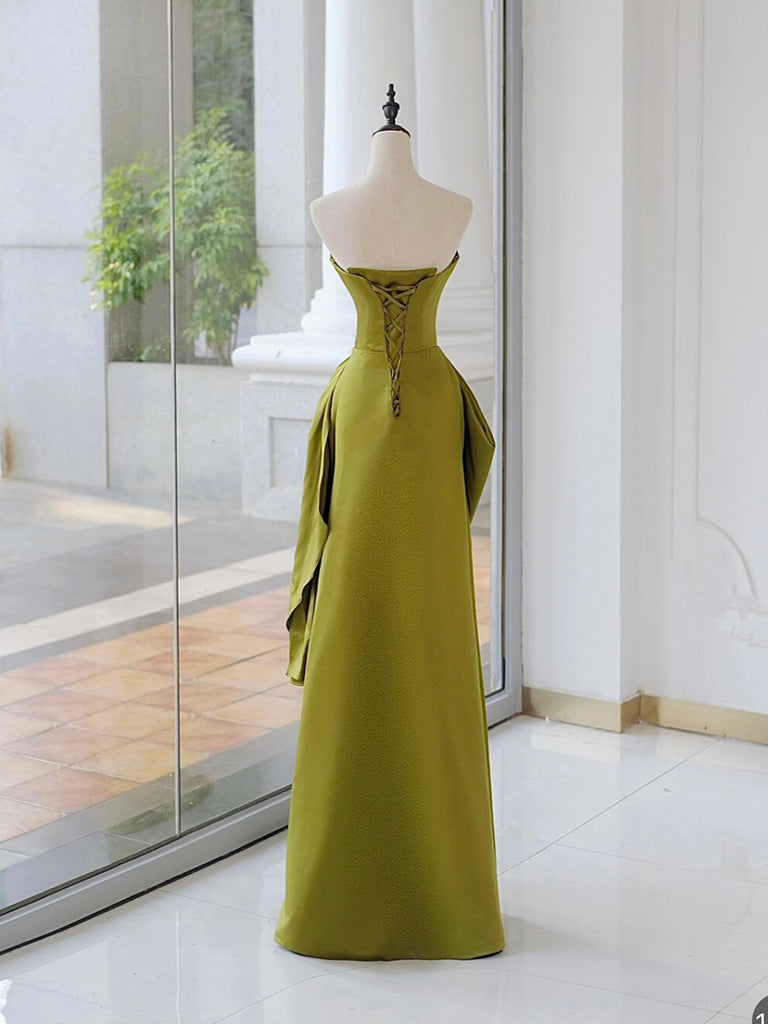 A-Line Satin Flower Green Long Prom Dress, Green Long Evening Dress