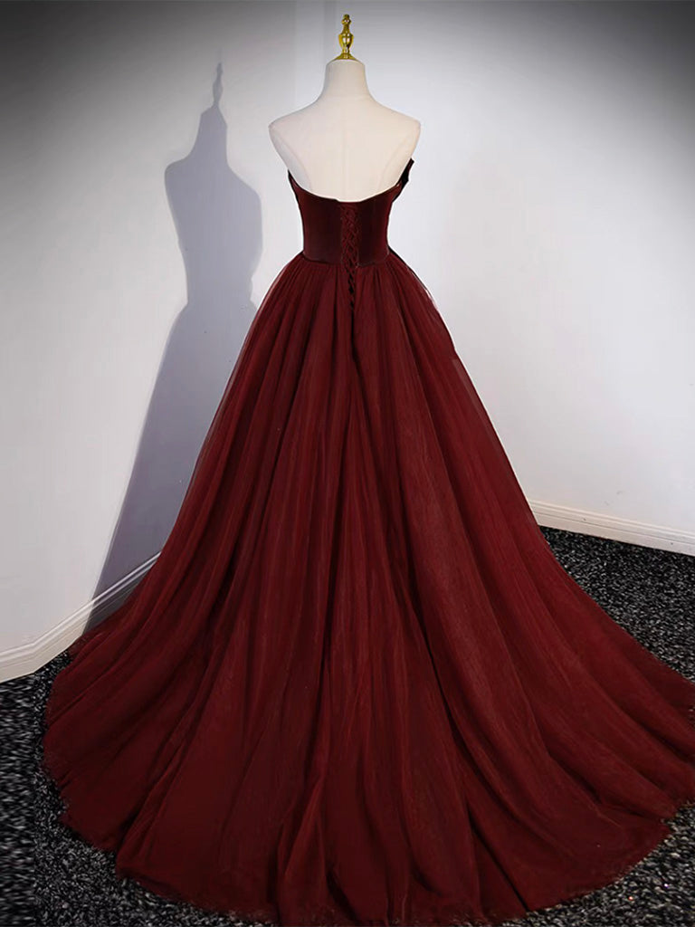 A-Line Burgundy Sweetheart Neck Long Prom Dress, Burgundy Formal Dress