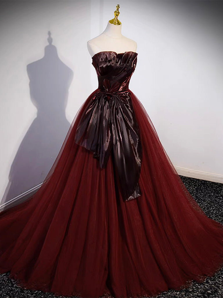 A-Line Burgundy Sweetheart Neck Long Prom Dress, Burgundy Formal Dress