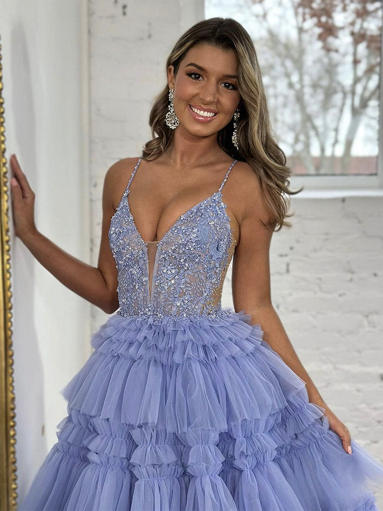 A-Line V Neck Tulle Lace Blue Long Prom Dress, Blue Long Formal Dress
