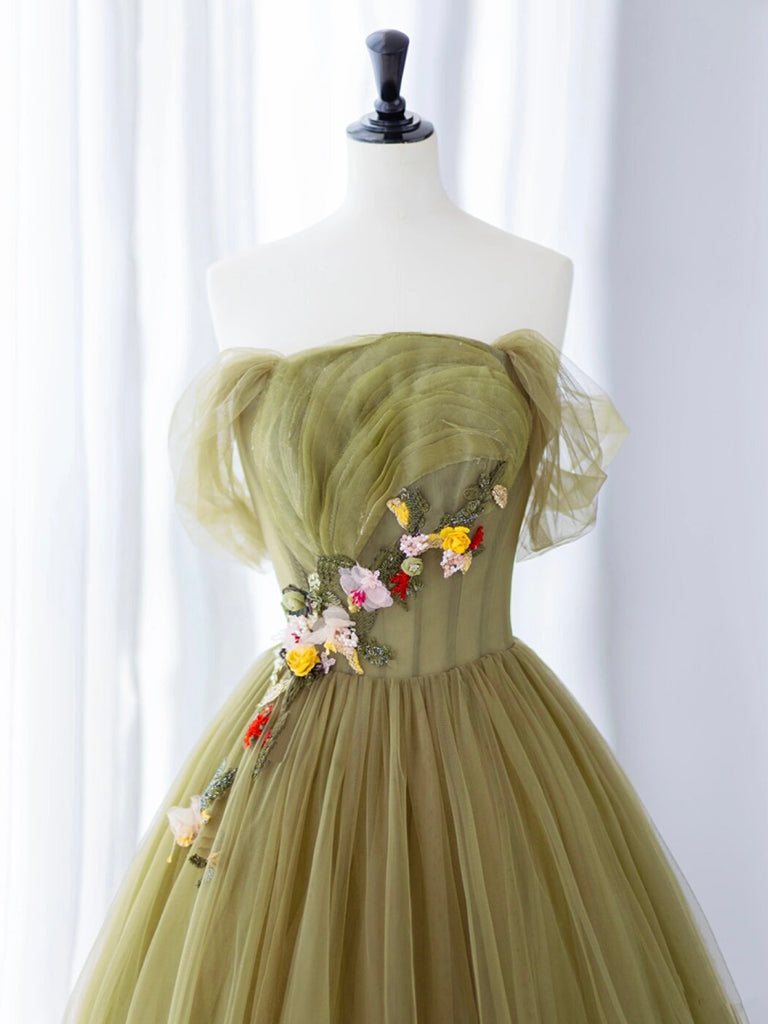 A-Line Off Shoulder Green Flower Tulle Long Prom Dress, Green Long Formal Dress