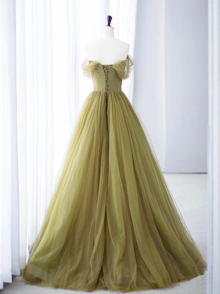 A-Line Off Shoulder Green Flower Tulle Long Prom Dress, Green Long For –  24prom