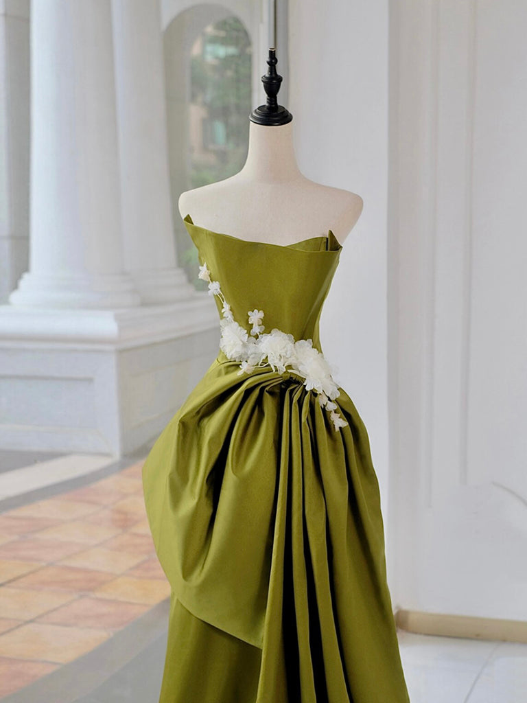 A-Line Satin Flower Green Long Prom Dress, Green Long Evening Dress