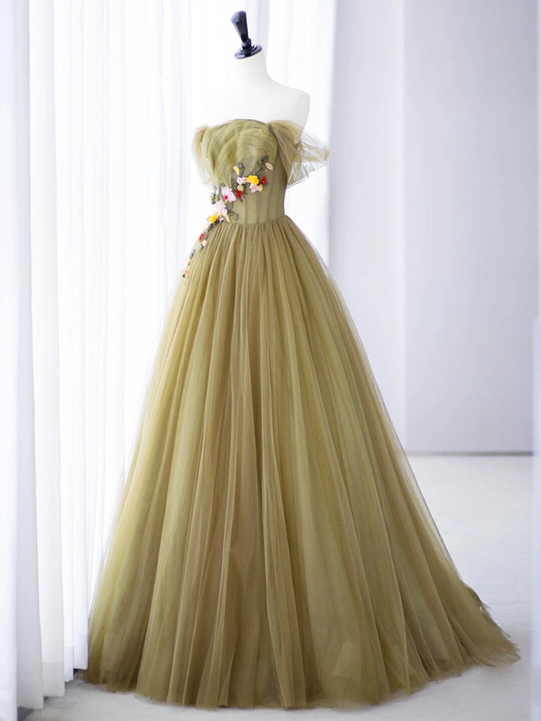 A-Line Off Shoulder Green Flower Tulle Long Prom Dress, Green Long Formal Dress