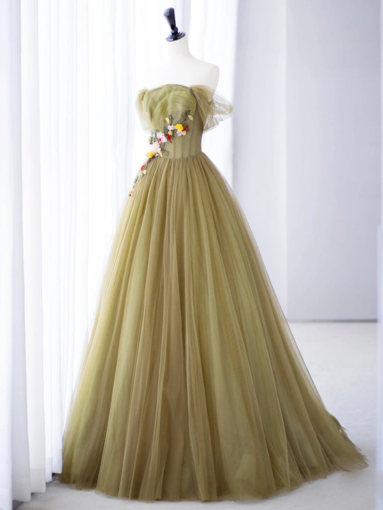A-Line Off Shoulder Green Flower Tulle Long Prom Dress, Green Long For 24prom A-Line Off Shoulder Green Flower Tulle Long Prom Dress, Green Long For 24prom