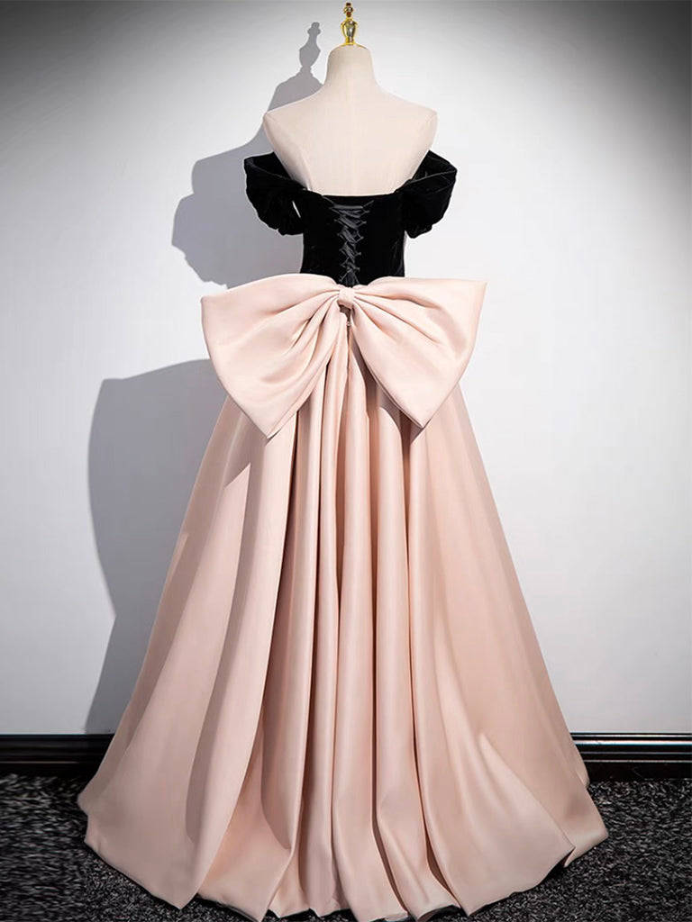 A-Line Off Shoulder Satin Champagne/Black Long Prom Dress, Champagne/Black Long Evening Dress