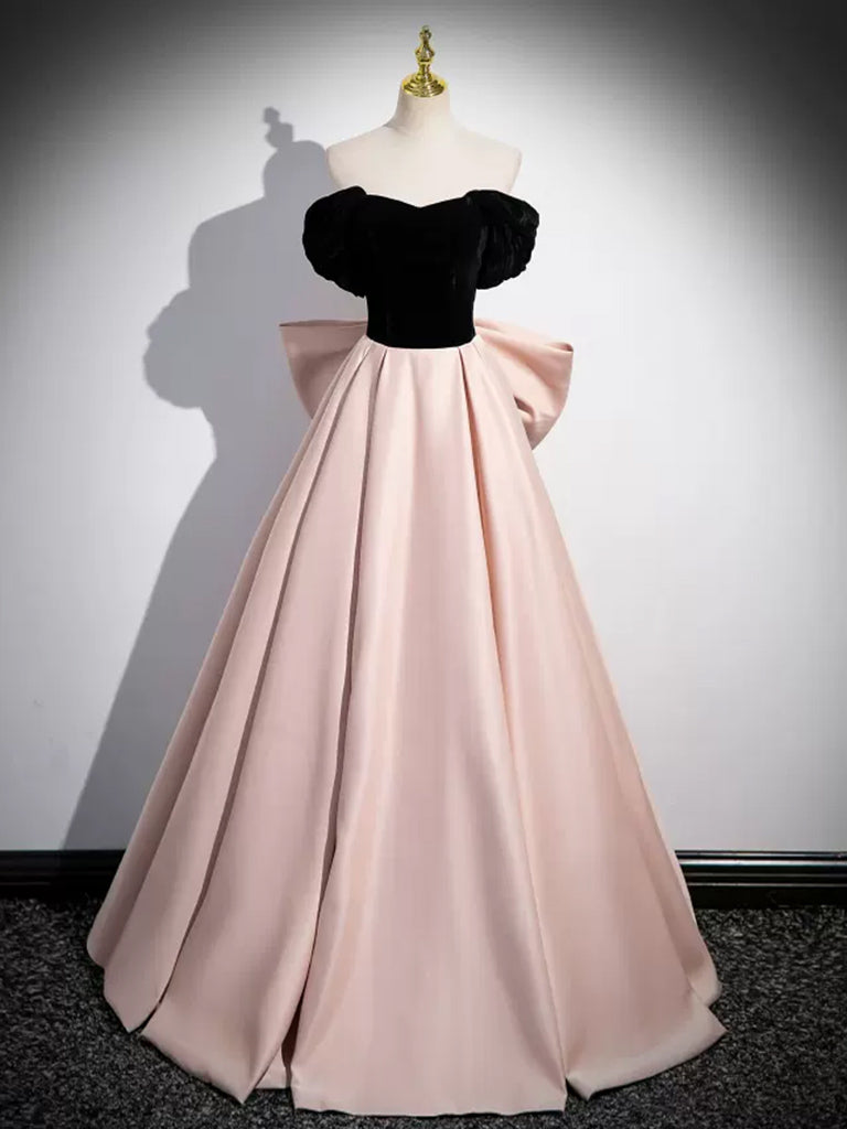 A-Line Off Shoulder Satin Champagne/Black Long Prom Dress, Champagne/Black Long Evening Dress