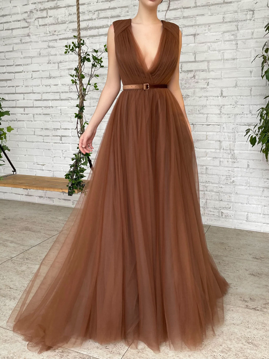 Aline V Neck Brown Long Prom Dresses, Brown Evening Dress  24prom