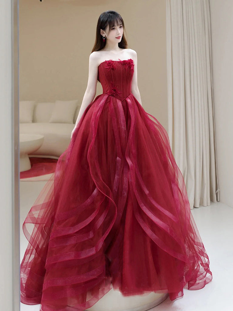 A-Line Tulle Burgundy Long Prom Dress, Burgundy Formal Dress