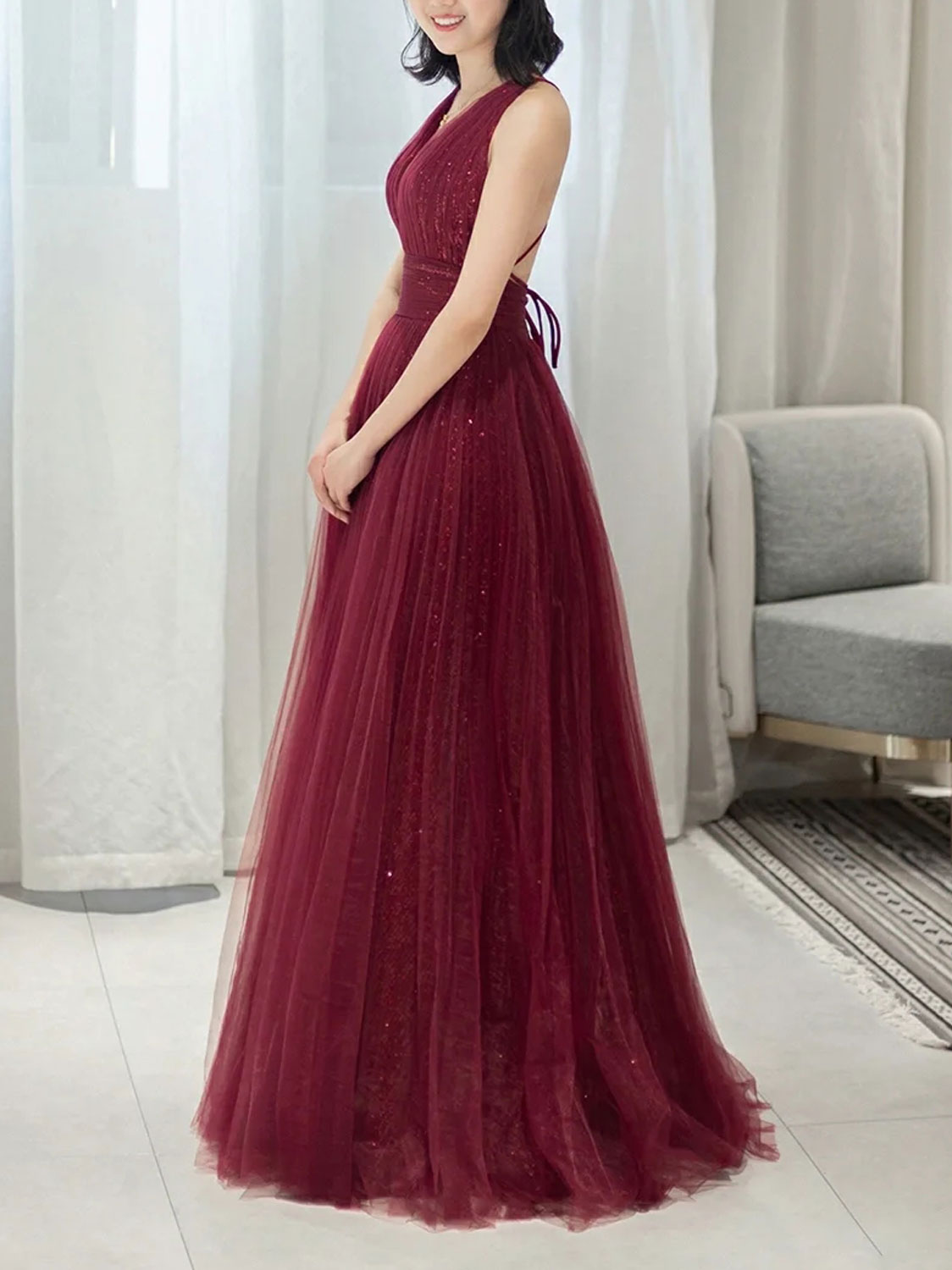 Burgundy v neck tulle sequin long prom dress burgundy formal dress  24prom