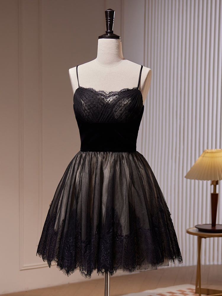 2000s dress A-Line Lace Tulle Black Short Prom Dress, Black Homecoming Dress – 24prom