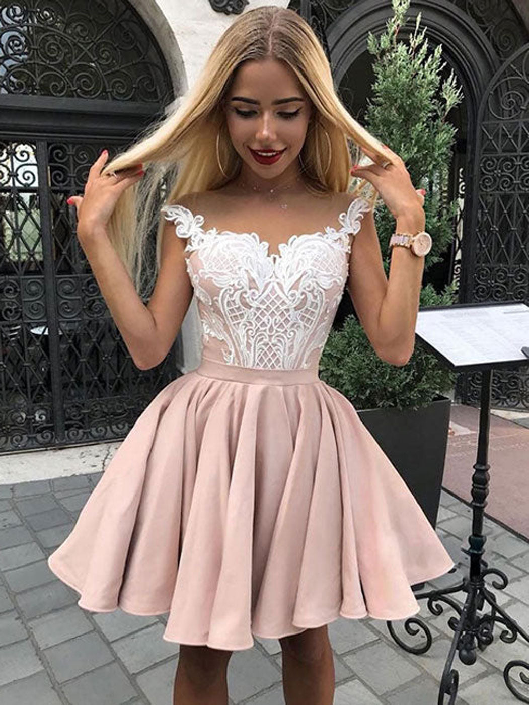 Cute lace short pink prom dress, pink lace homecoming dress  24prom