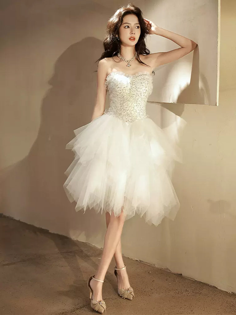 Beige Tulle Short Prom Dress, Sequin Tulle Cute Homecoming Dress