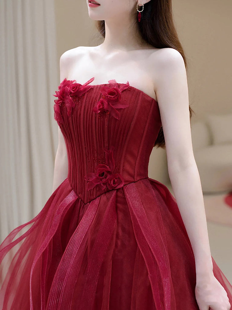 A-Line Tulle Burgundy Long Prom Dress, Burgundy Formal Dress