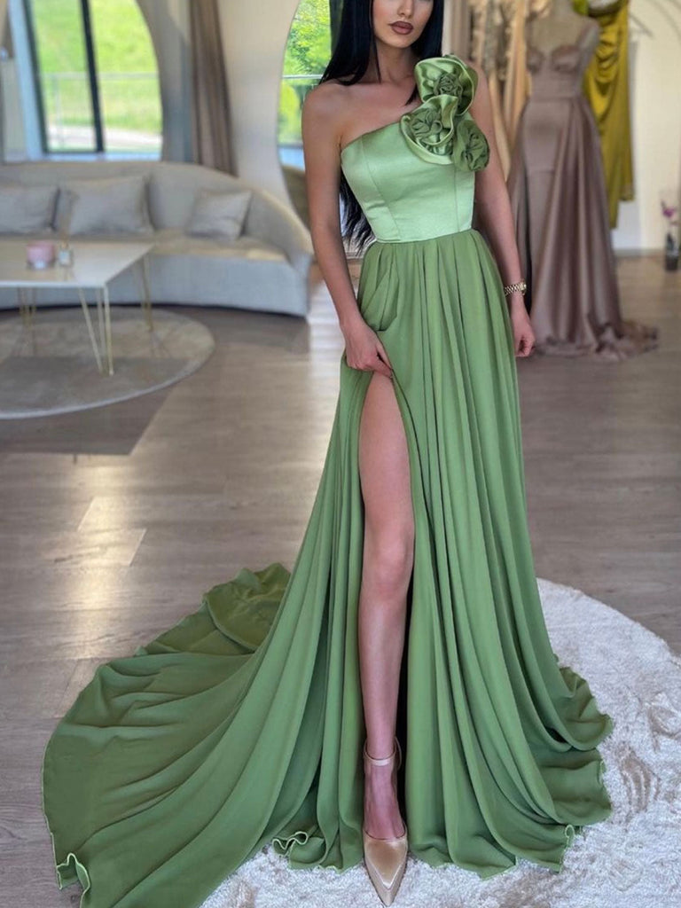 A-Line Chiffon/Satin Green Long Prom Dress, Green Formal Dress
