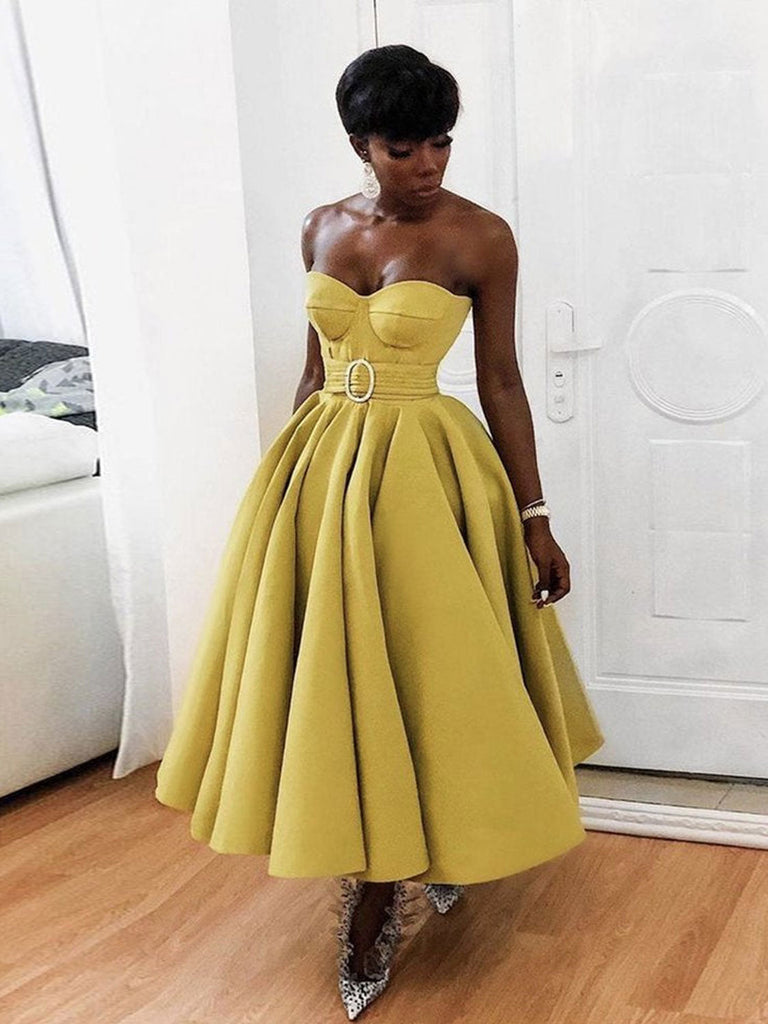 Yellow Sweetheart Neck Satin Tea Length Prom Dress, Yellow Formal Dress