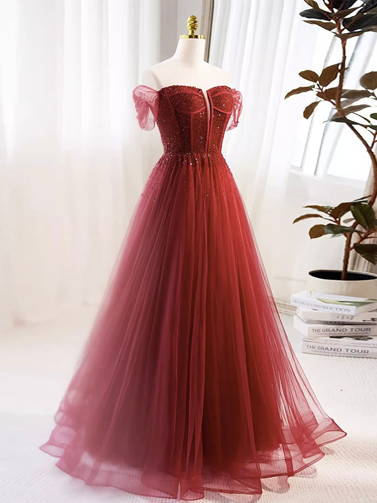 A-Line Burgundy Tulle Sequin Long Prom Dress, Burgundy Formal Dress