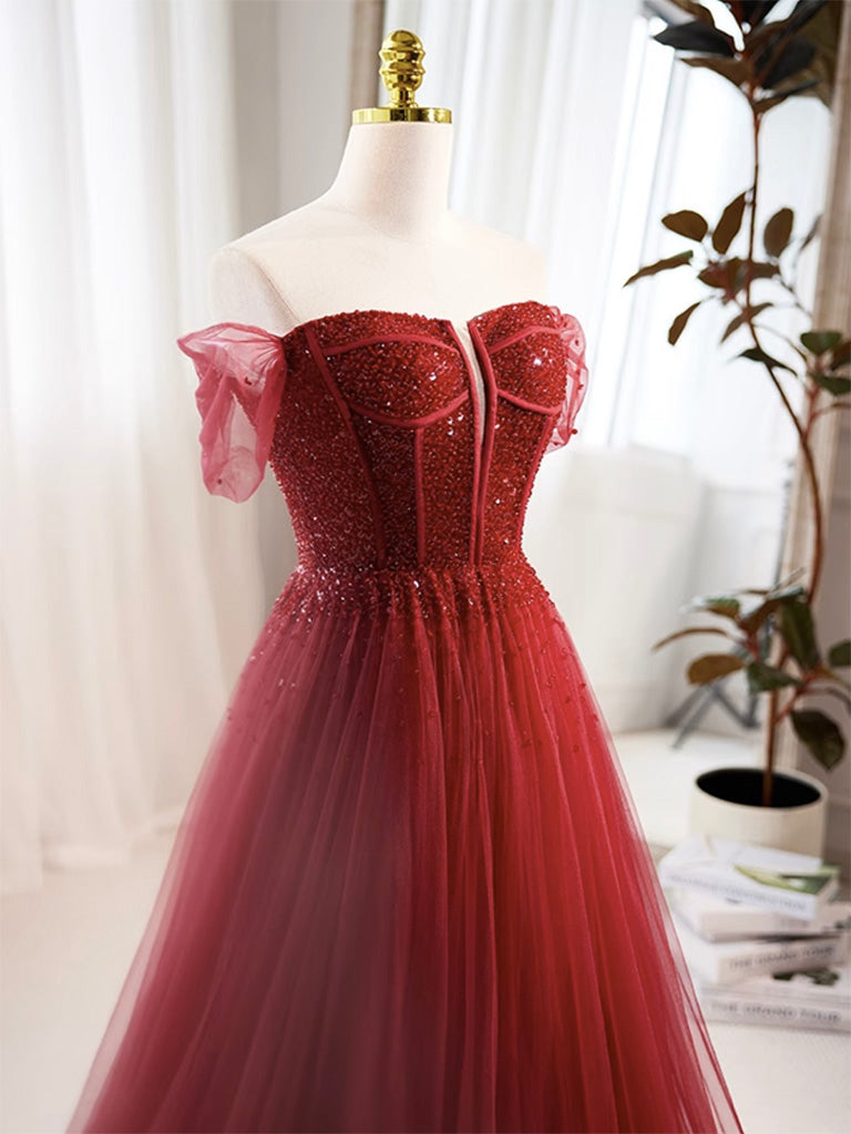 A-Line Burgundy Tulle Sequin Long Prom Dress, Burgundy Formal Dress