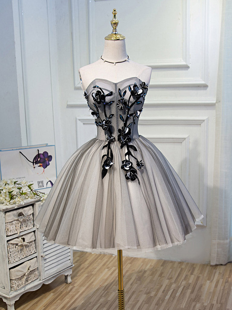 Gray Sweetheart Neck Tulle Lace Short Prom Dress, Cute Homecoming Dres 24prom Gray Sweetheart Neck Tulle Lace Short Prom Dress, Cute Homecoming Dres 24prom