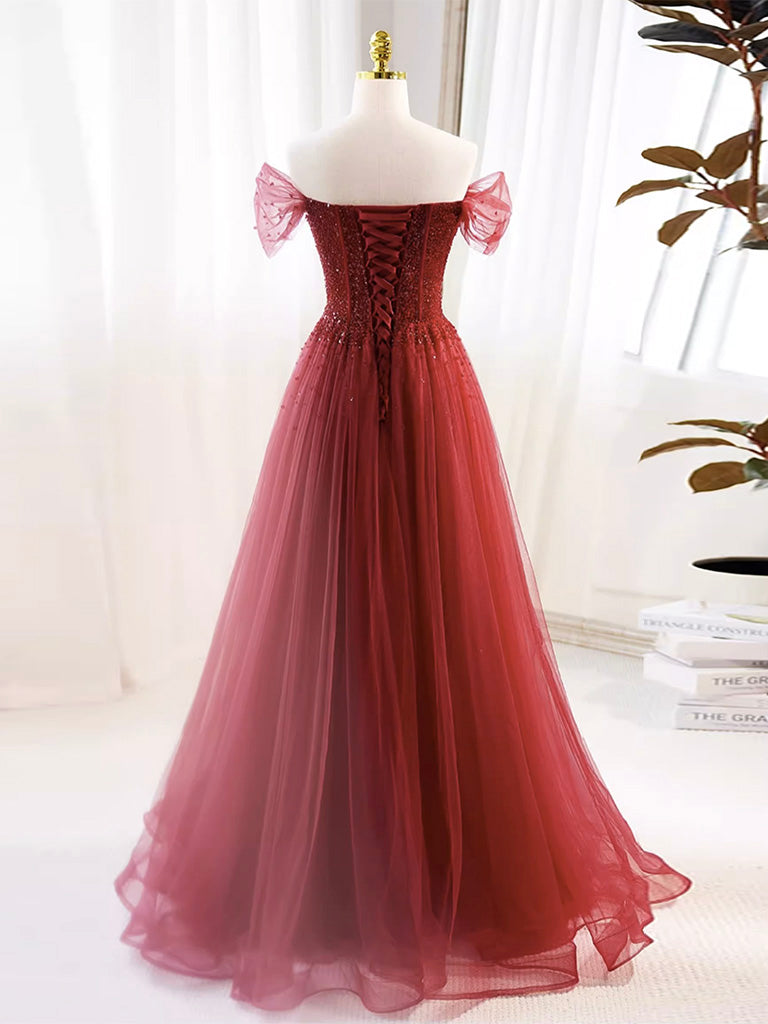 A-Line Burgundy Tulle Sequin Long Prom Dress, Burgundy Formal Dress