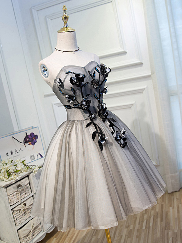 Gray Sweetheart Neck Tulle Lace Short Prom Dress, Cute Homecoming Dress