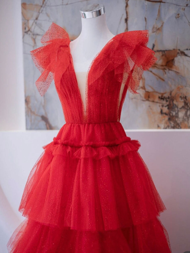 A-Line V Neck Tulle Red Long Prom Dress, Red Formal Evening Dress