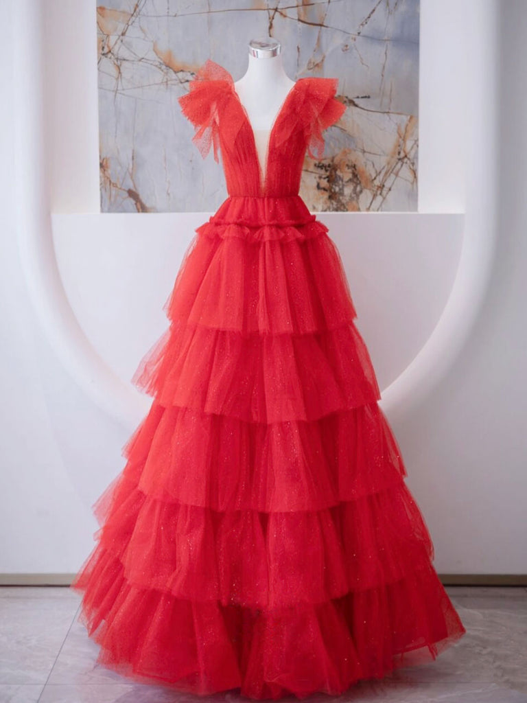 A-Line V Neck Tulle Red Long Prom Dress, Red Formal Evening Dress