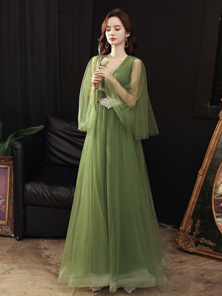 A-Line V Neck Tulle Green Long Prom Dress, Green Formal Dress