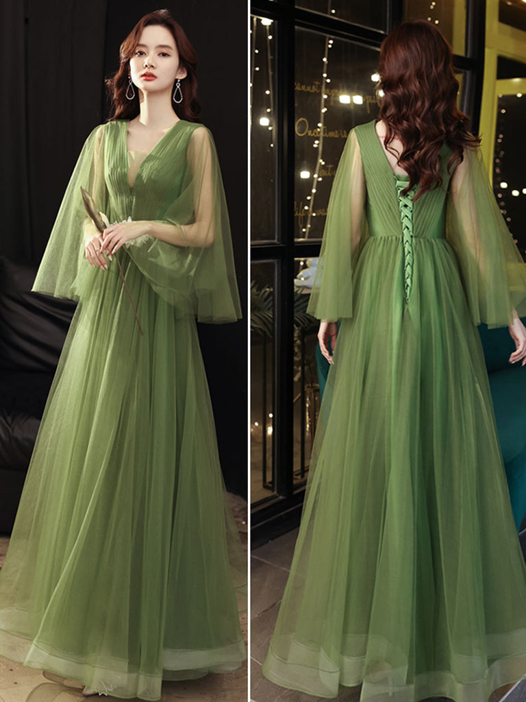 A-Line V Neck Tulle Green Long Prom Dress, Green Formal Dress