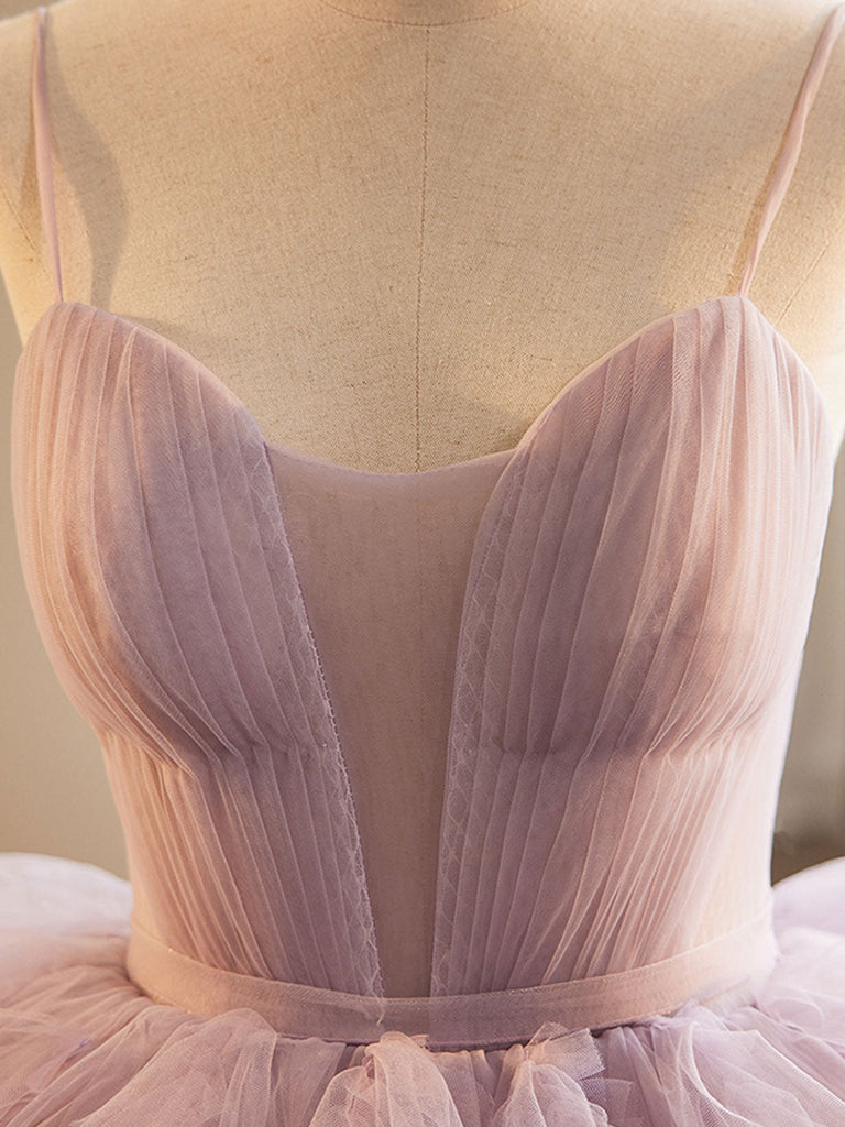 A-Line Sweetheart Neck Tulle Pink Long Prom Dress, Pink Evening Dress