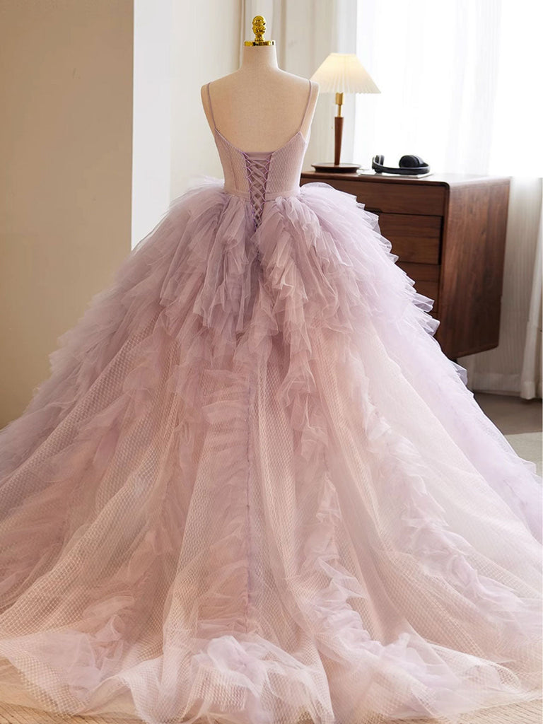 A-Line Sweetheart Neck Tulle Pink Long Prom Dress, Pink Evening Dress