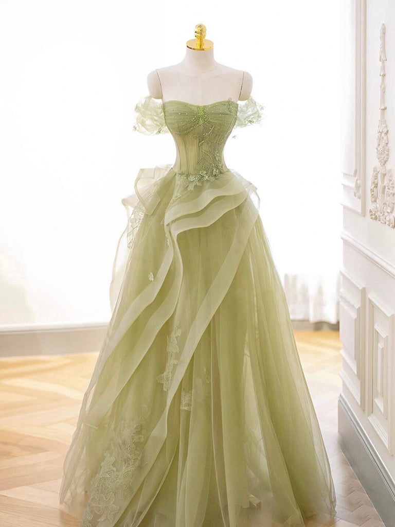 Green Off Shoulder Lace Long Prom Dress, Green Formal Dress